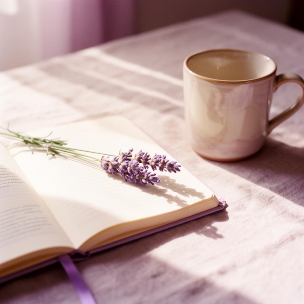 Open journal with a sprig of lavender and a ceramic mug in soft sunlight